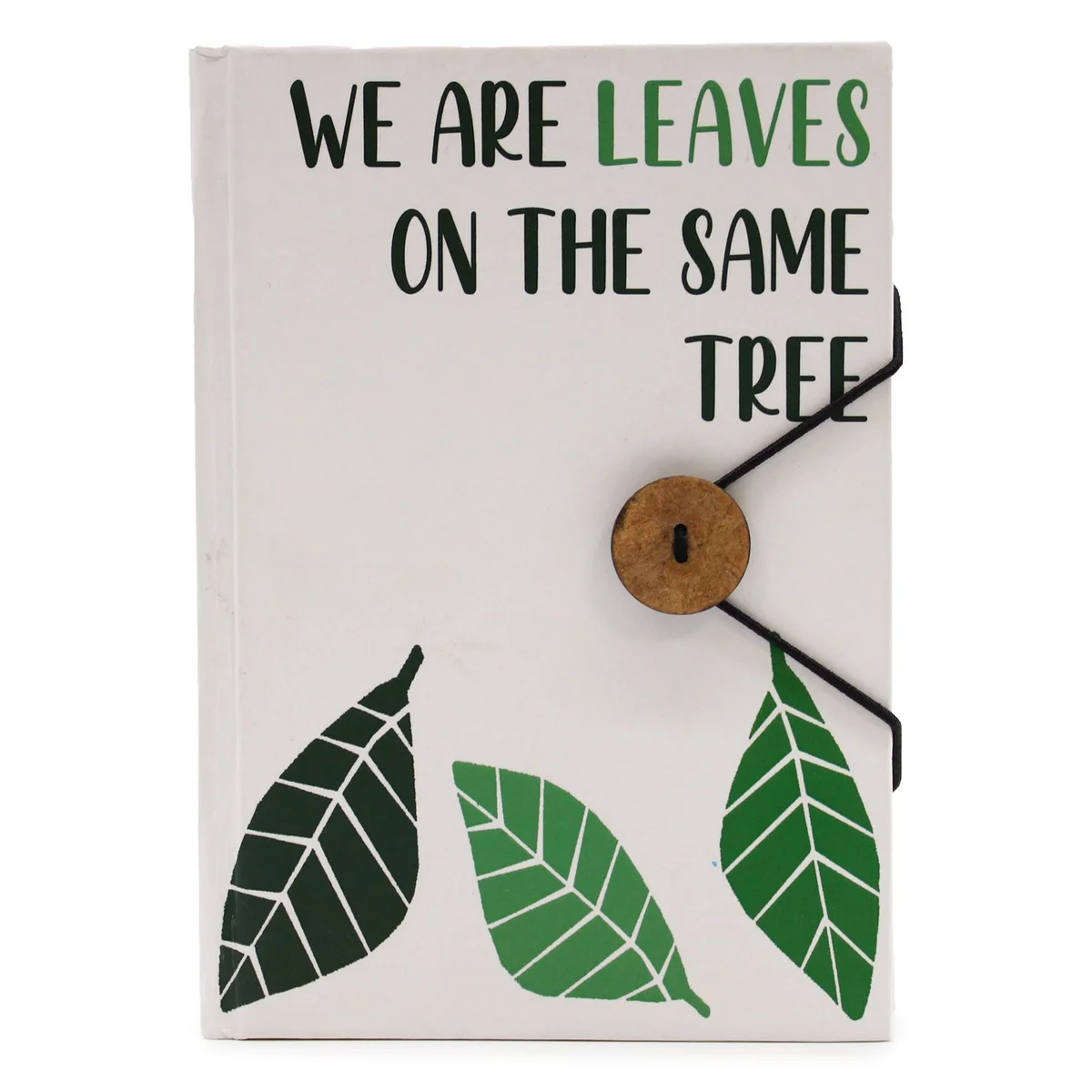 Notebook with strap featuring a design of leaves on the same tree on the cover, closed and lying flat