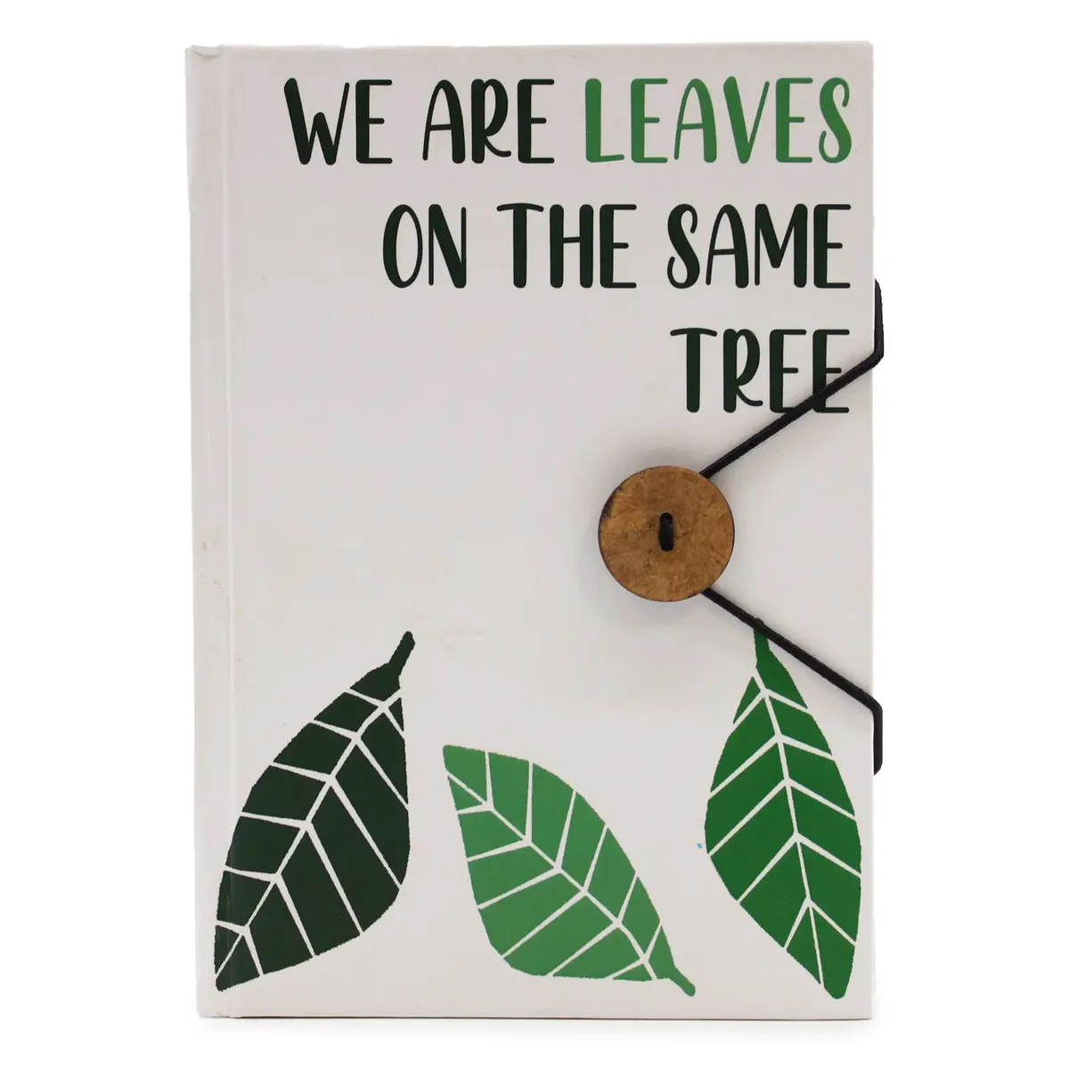 Notebook with leaves design and a strap closure, titled Leaves on the same tree strap notebook