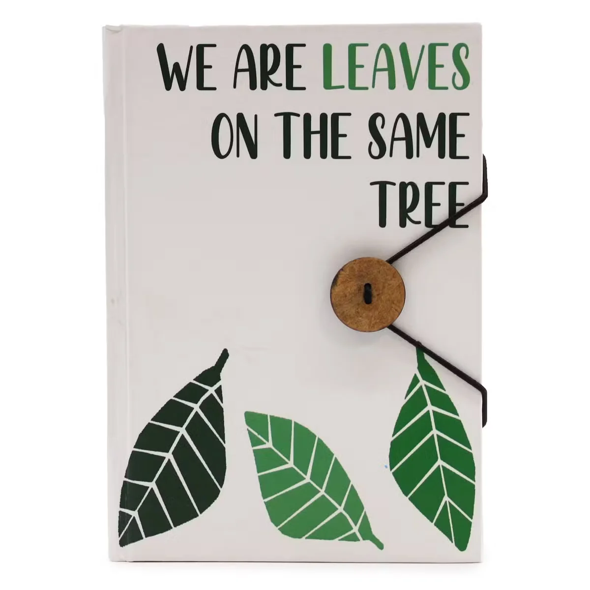 Stylish writing notebook with strap featuring a leaves on the same tree design on the cover, closed view