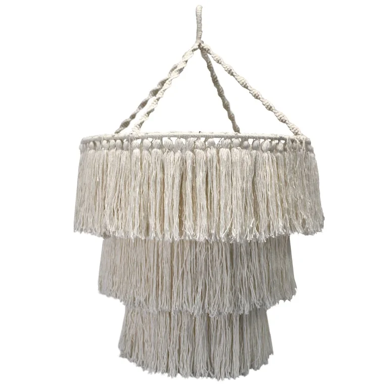 Soft chandelier in natural macrame decor, hanging from a ceiling.
