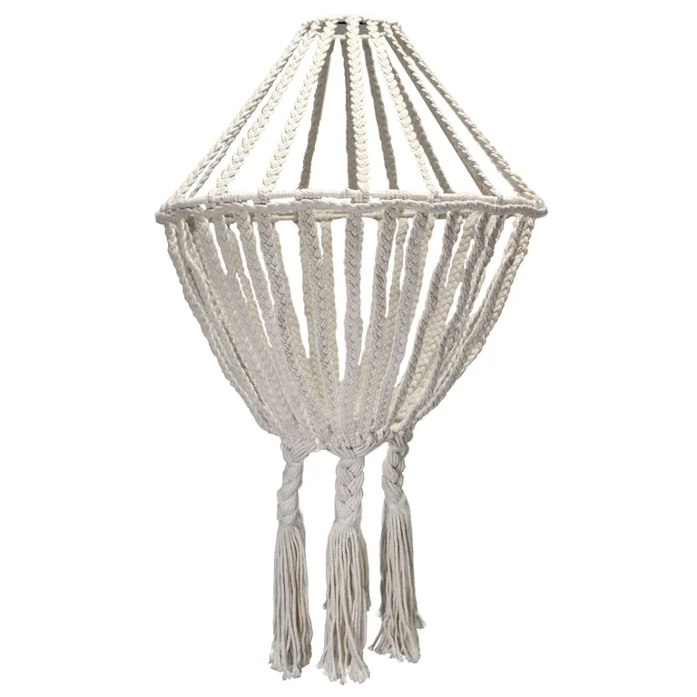 Large macrame chandelier in natural finish hanging from ceiling, showcasing intricate knots.