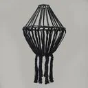 Black macrame drop chandelier with dark woven strands, long hanging cords, minimalist ceiling fixture.
