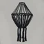 Black macrame drop chandelier hanging from ceiling, featuring green rope knots and wooden dowels.