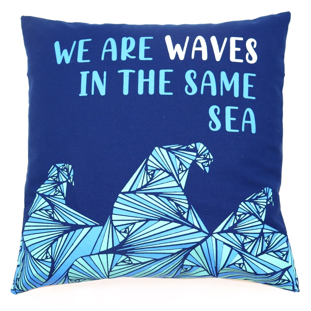 Printed cotton cushion cover with grey, blue and natural wave pattern design labeled We are Waves