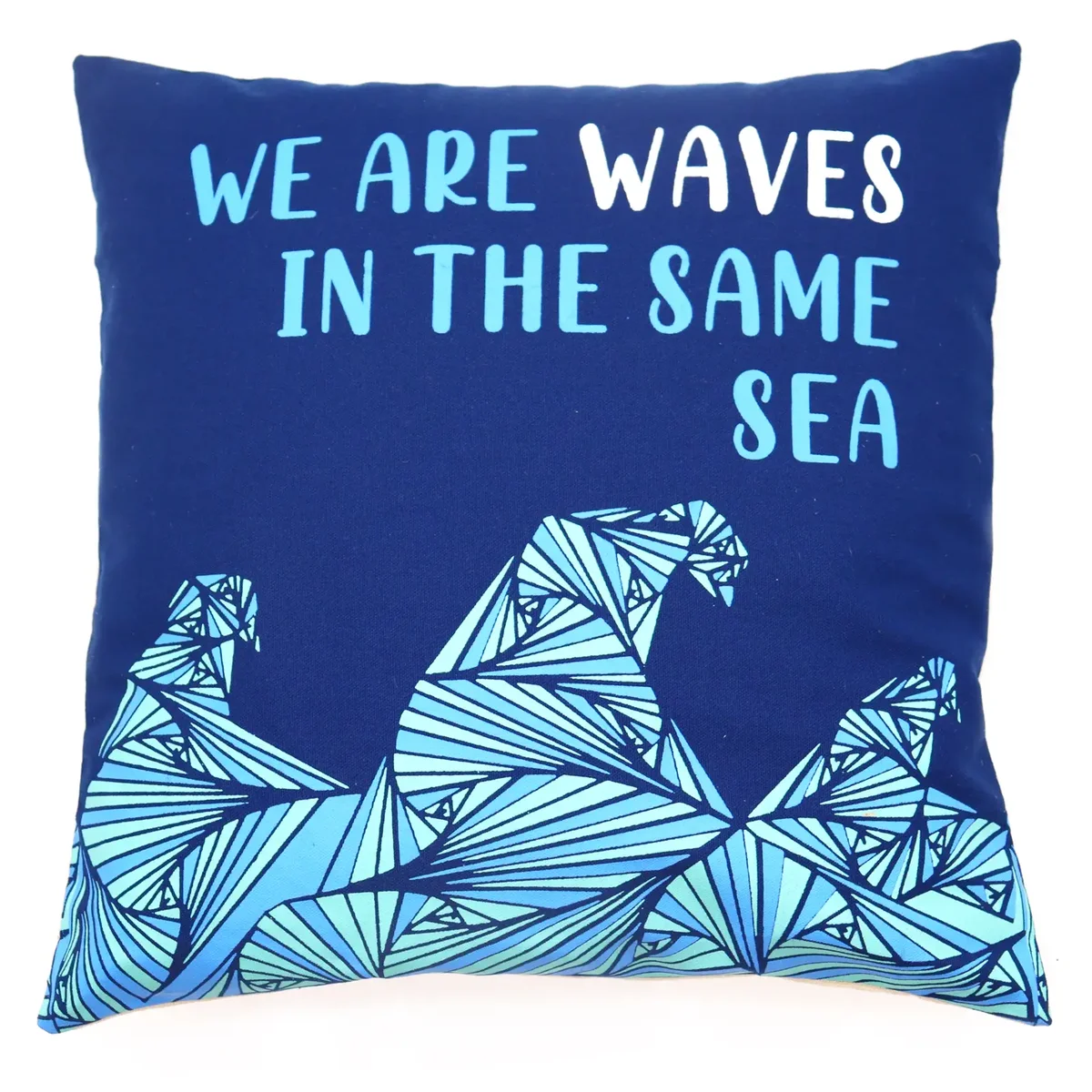 Cotton cushion cover with grey, blue, and natural wave print design titled We are Waves