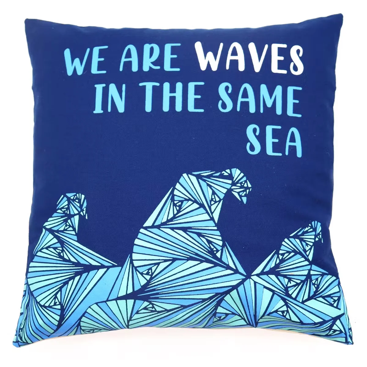 Printed cushion cover with grey, blue, and natural waves pattern on cotton fabric, shown flat on a white background