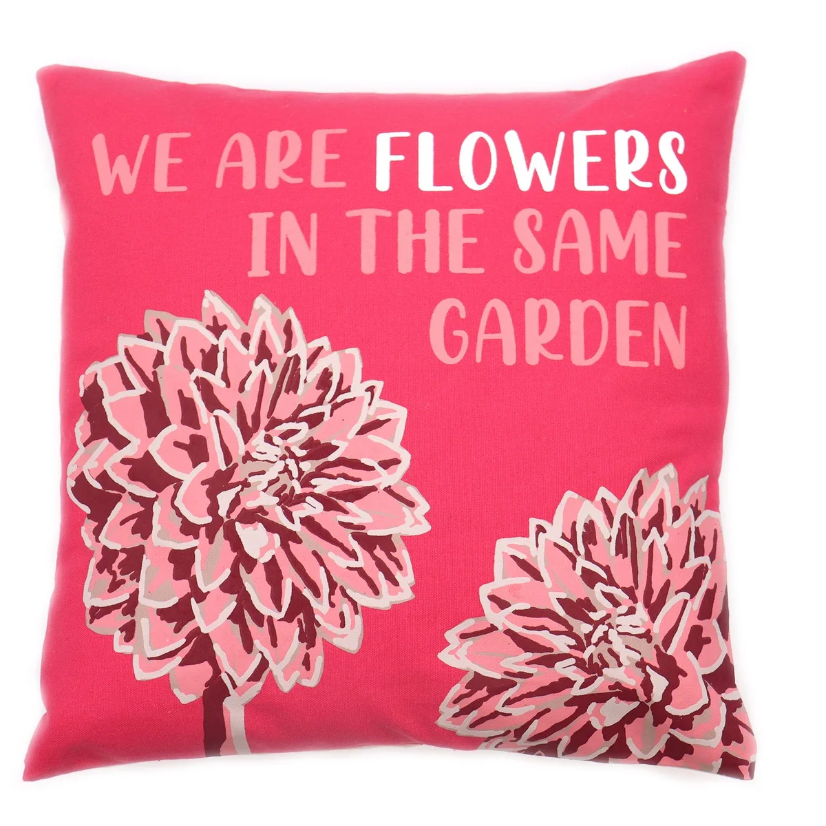 Printed cotton cushion cover with olive, pink, and natural floral print and "We are Flowers" text design