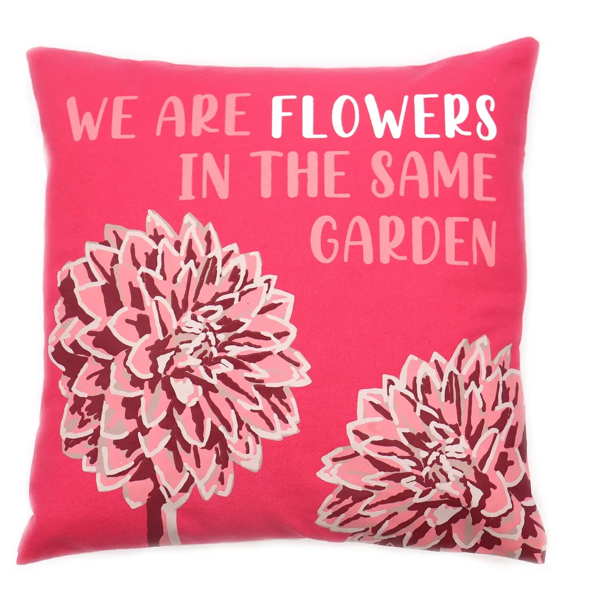 Printed cotton cushion cover with olive, pink, and natural floral design and "We are Flowers" text printed
