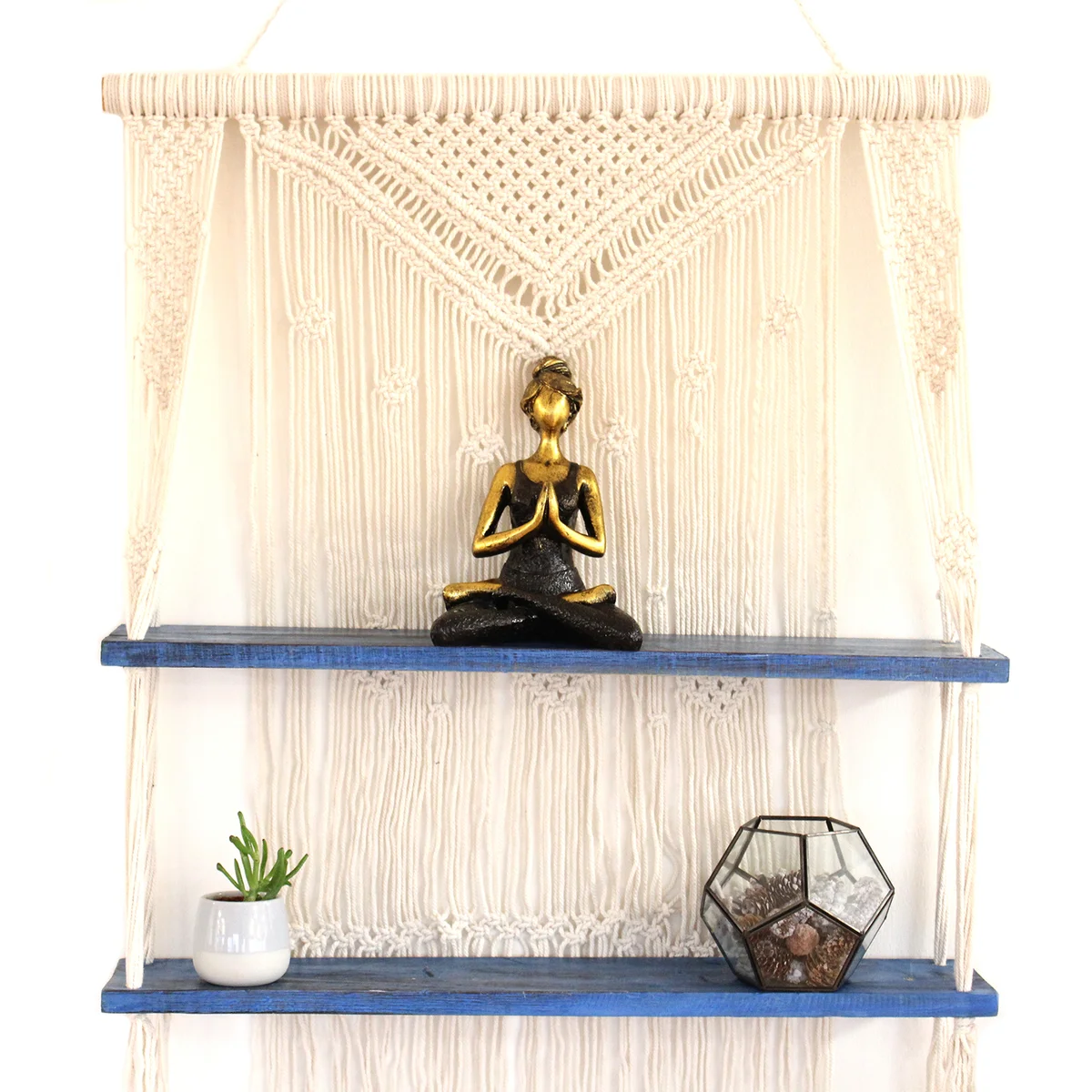 Natural macrame blue hanging shelves suspended with knotted cords against a white background, showing detailed weaving pattern