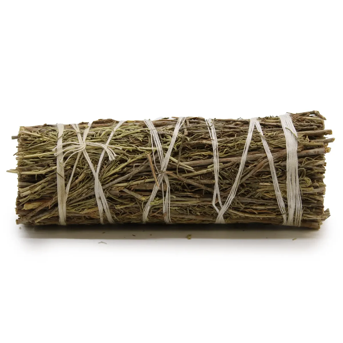 Smudge stick 10 cm made of tightly bound desert sage leaves against a plain background