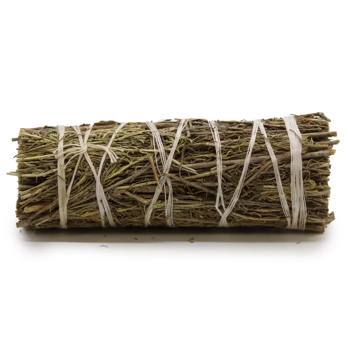 Close-up of 10 cm desert sage incense smudge stick with tightly bound leaves and stems for cleansing rituals