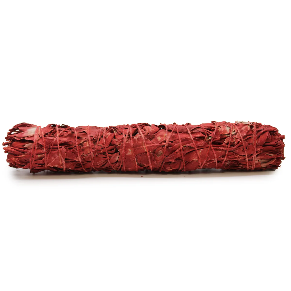 Smudge stick of dragons blood sage measuring 22.5 cm with tightly bound red and green leaves on a white background
