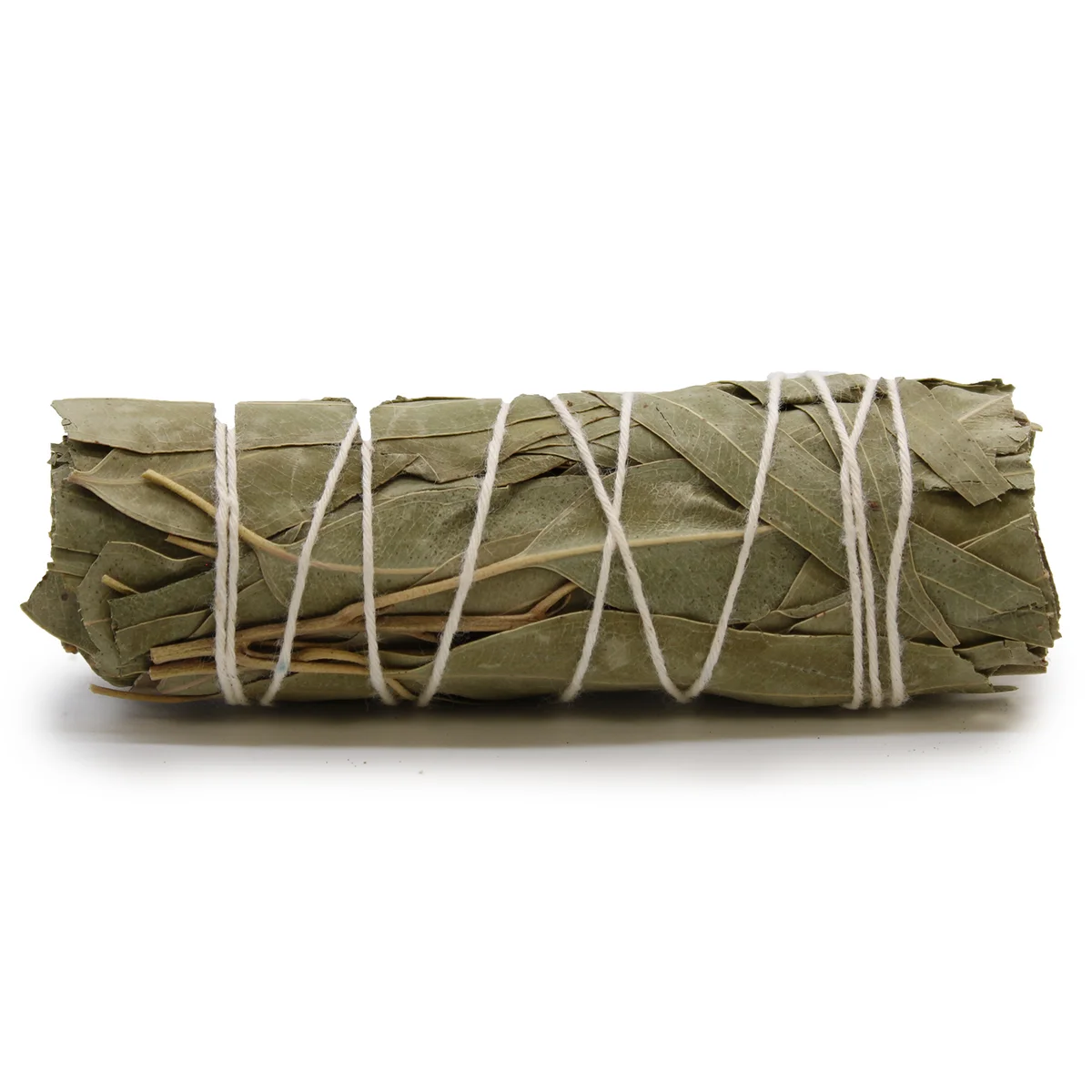 Smudge stick 10 cm made of white sage and eucalyptus bundled together on a white background