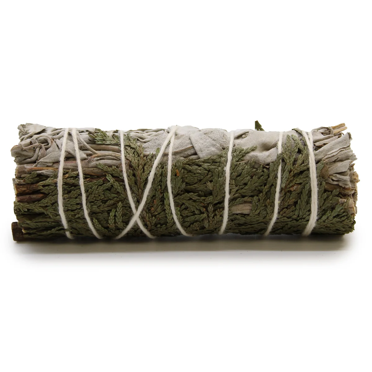 Smudge stick 10cm made of white sage and cedar bundled tightly for cleansing rituals on a white background