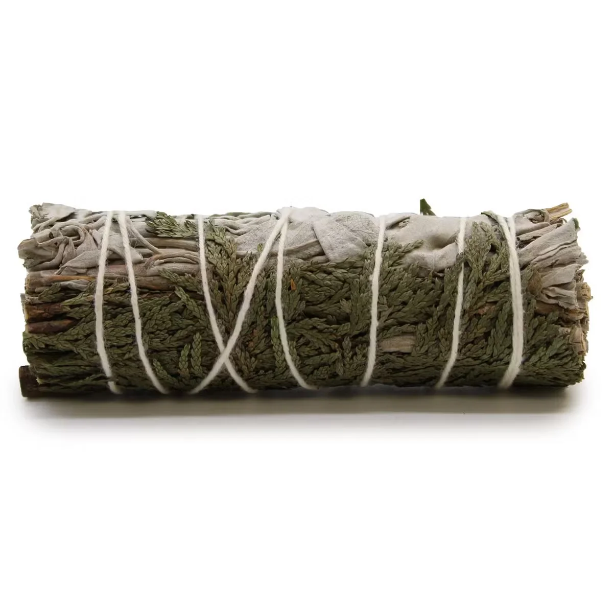 White sage bundle with cedar twigs tied together in a 10cm smudge stick for cleansing rituals