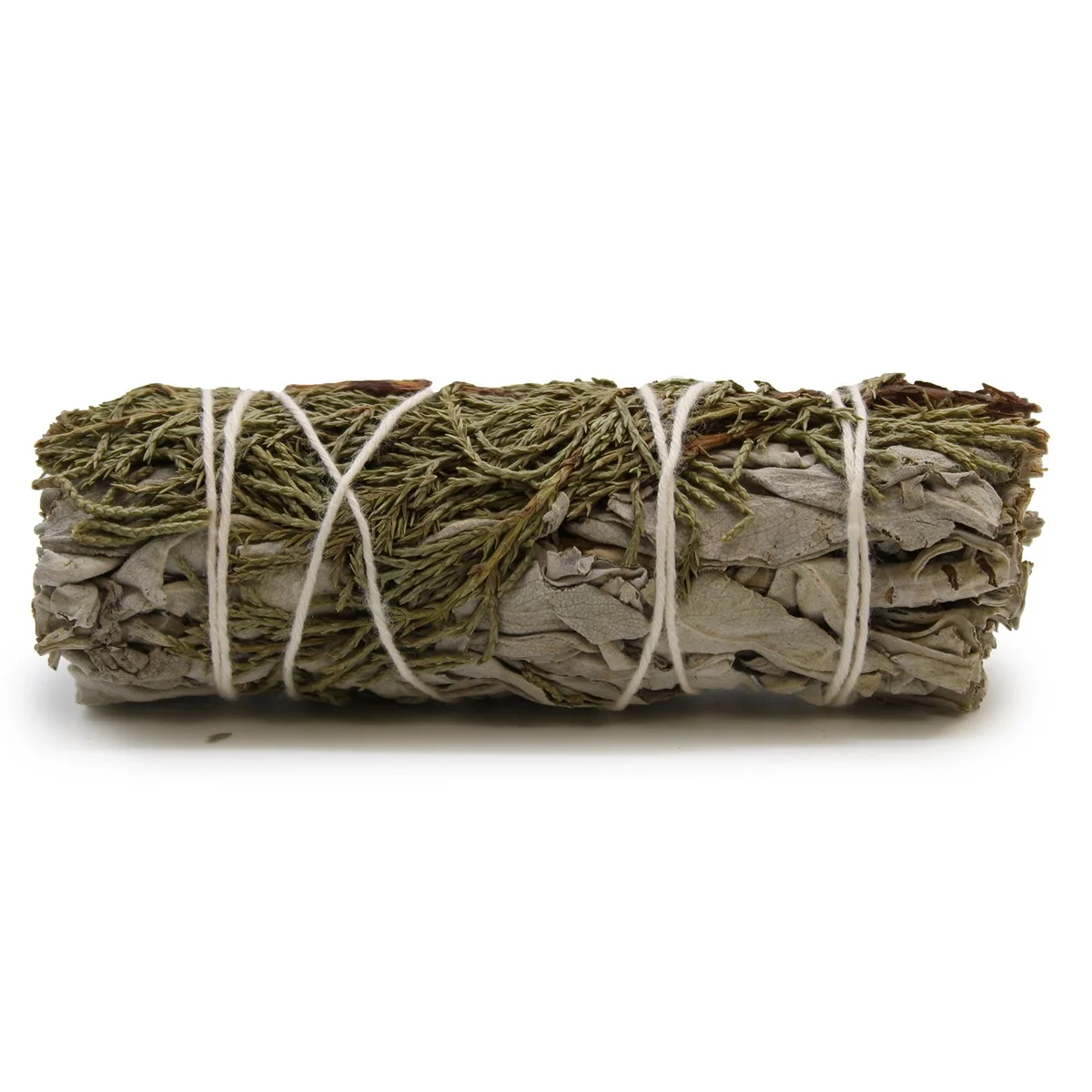 White sage smudge stick with juniper, 10cm length, bundled and tied for smudging rituals and cleansing spaces