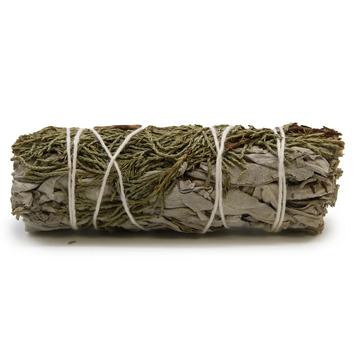 Juniper smudge stick made of white sage and juniper, 10cm long, tied together with natural twine on a white background