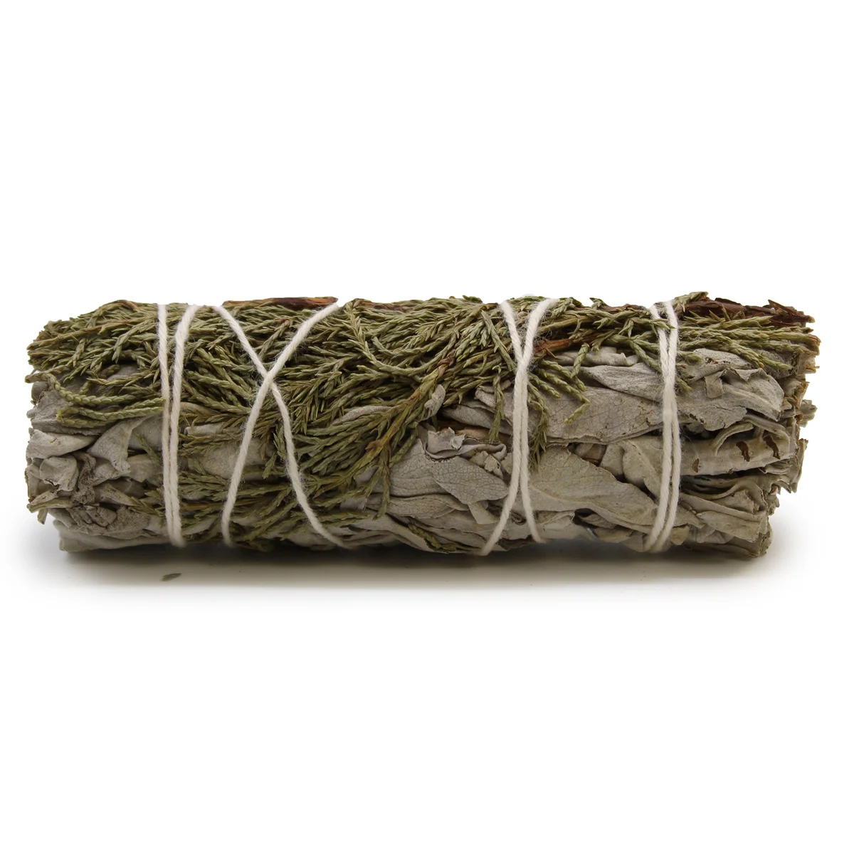 Smudge stick 10cm made of white sage and juniper tied together with natural string on a white background