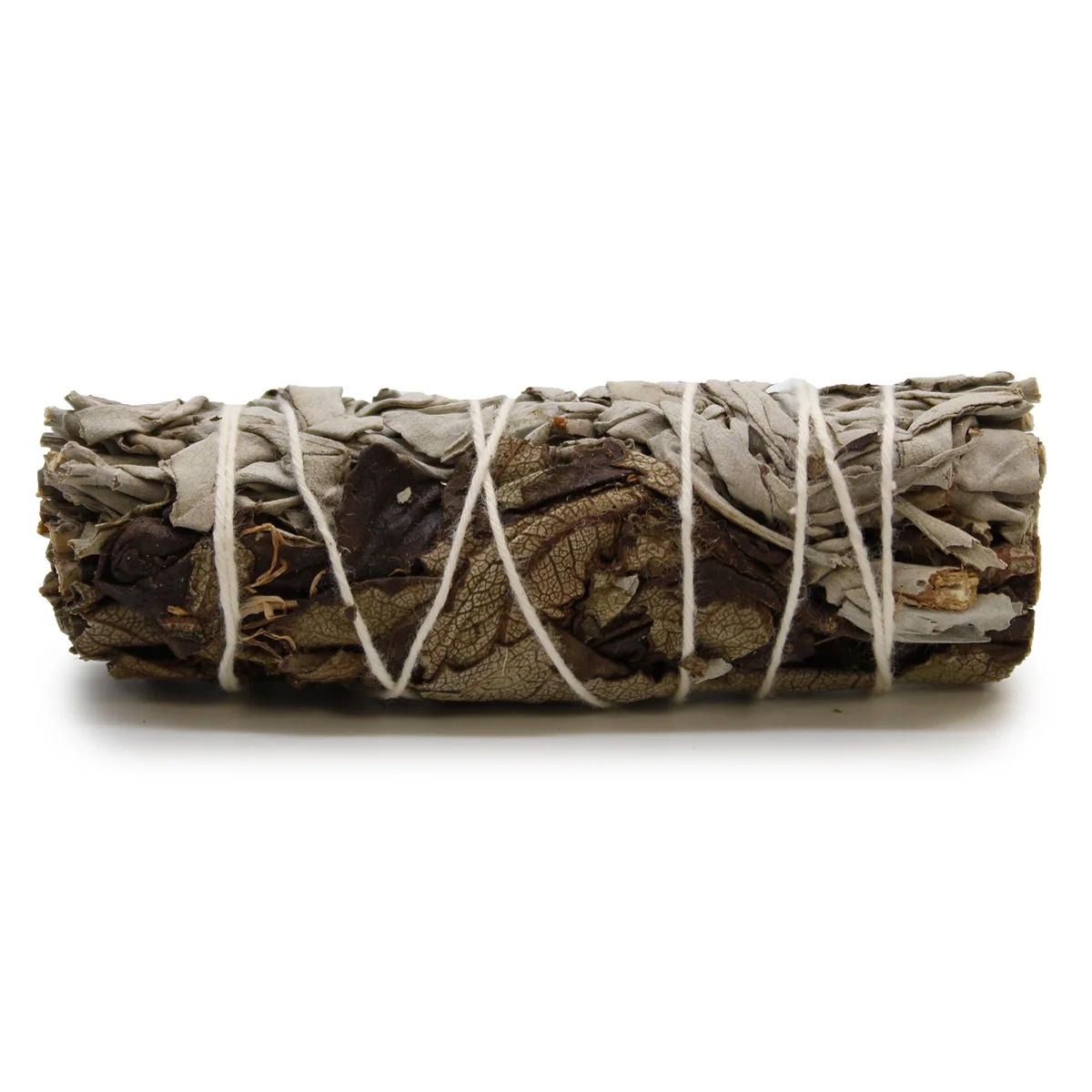 White and black sage smudge bundle measuring 10cm, tied together for cleansing and ritual use