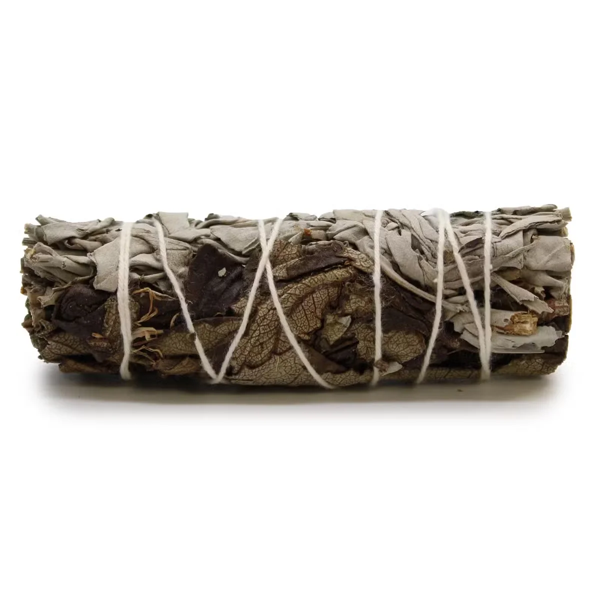 Smudge stick 10cm made of white sage and black sage tied together with natural twine on a white background