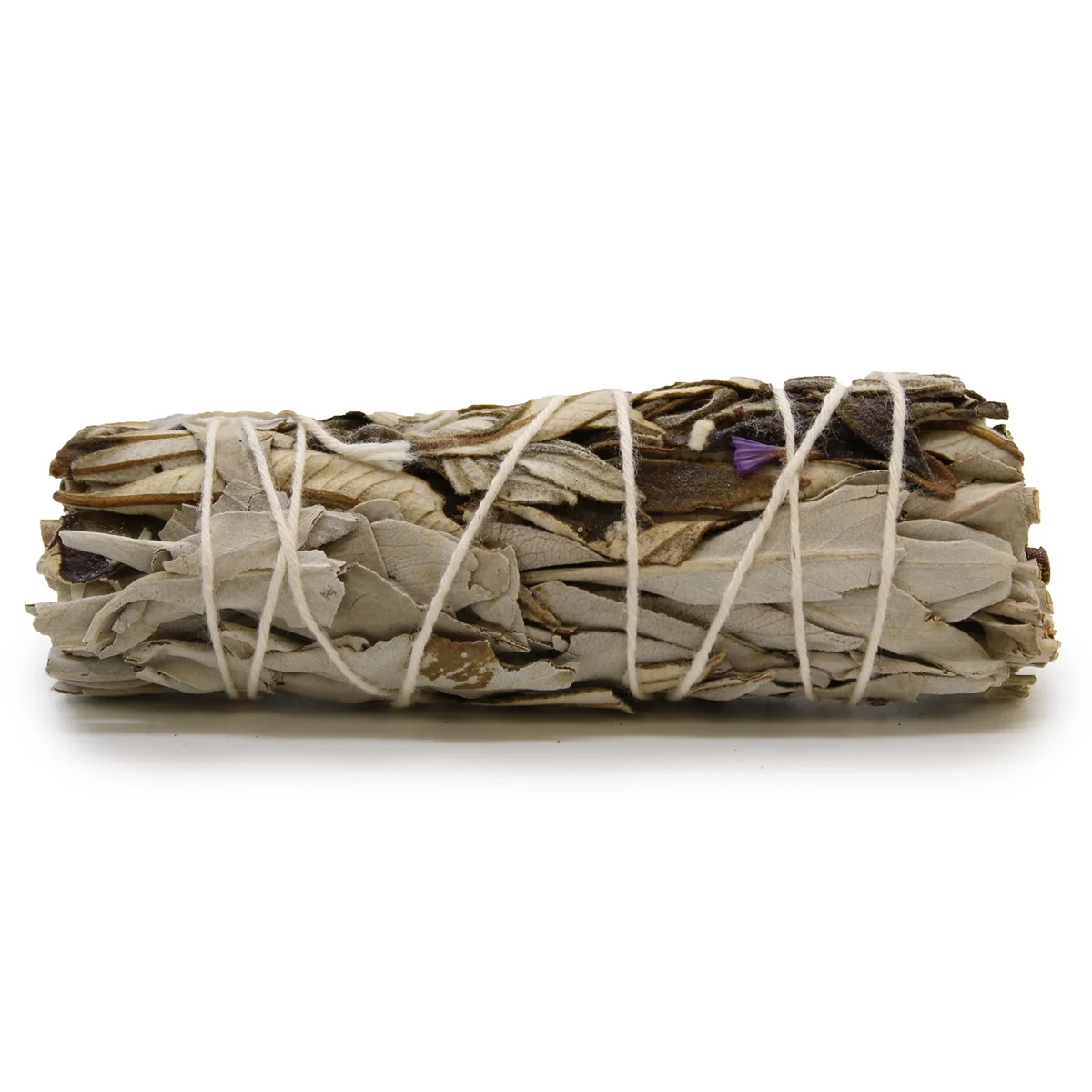 Smudge stick 10cm made of white sage and yerba santa bundled together for smudging rituals on white background