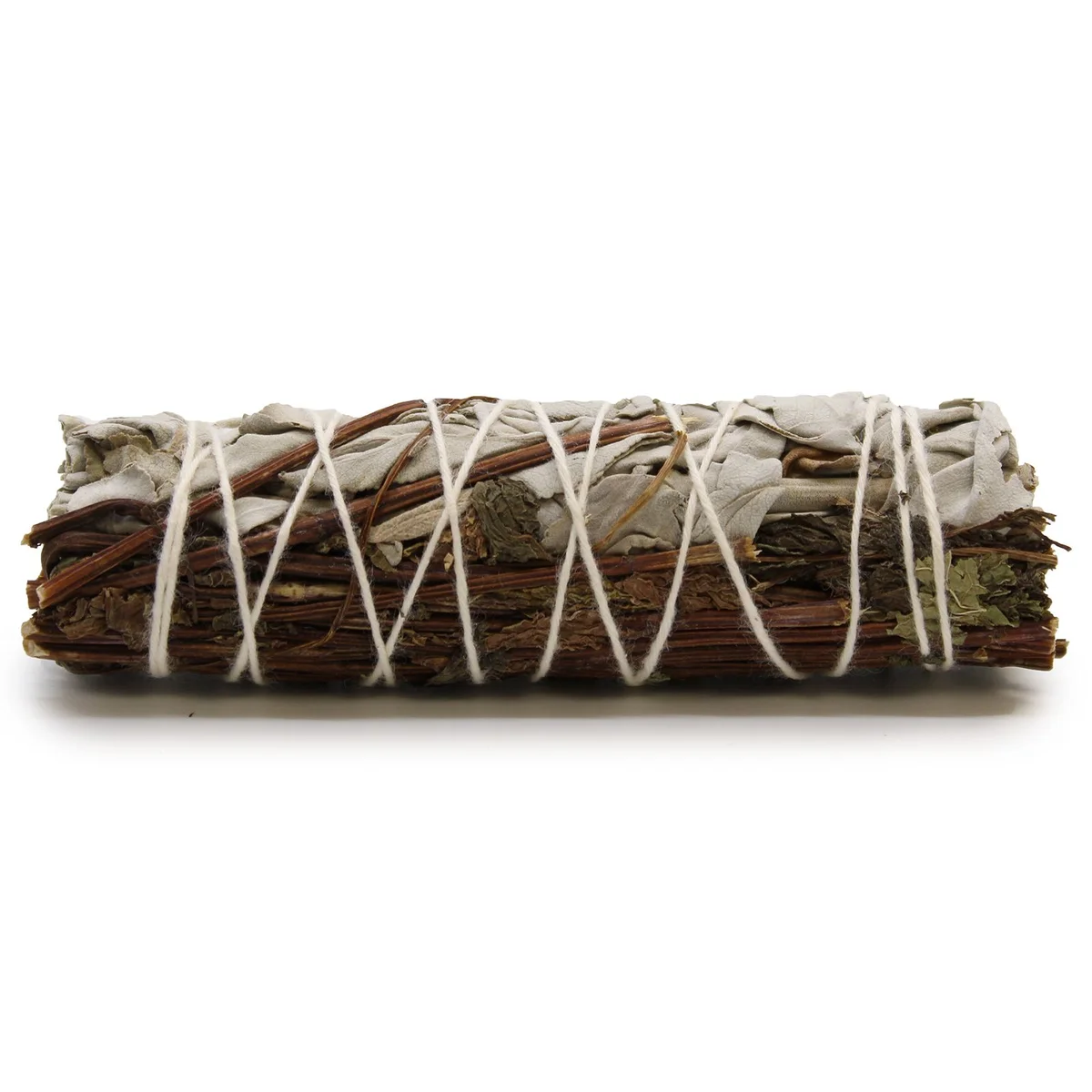 White sage smudge stick with white sage and peppermint leaves bundled, 10cm length on plain background