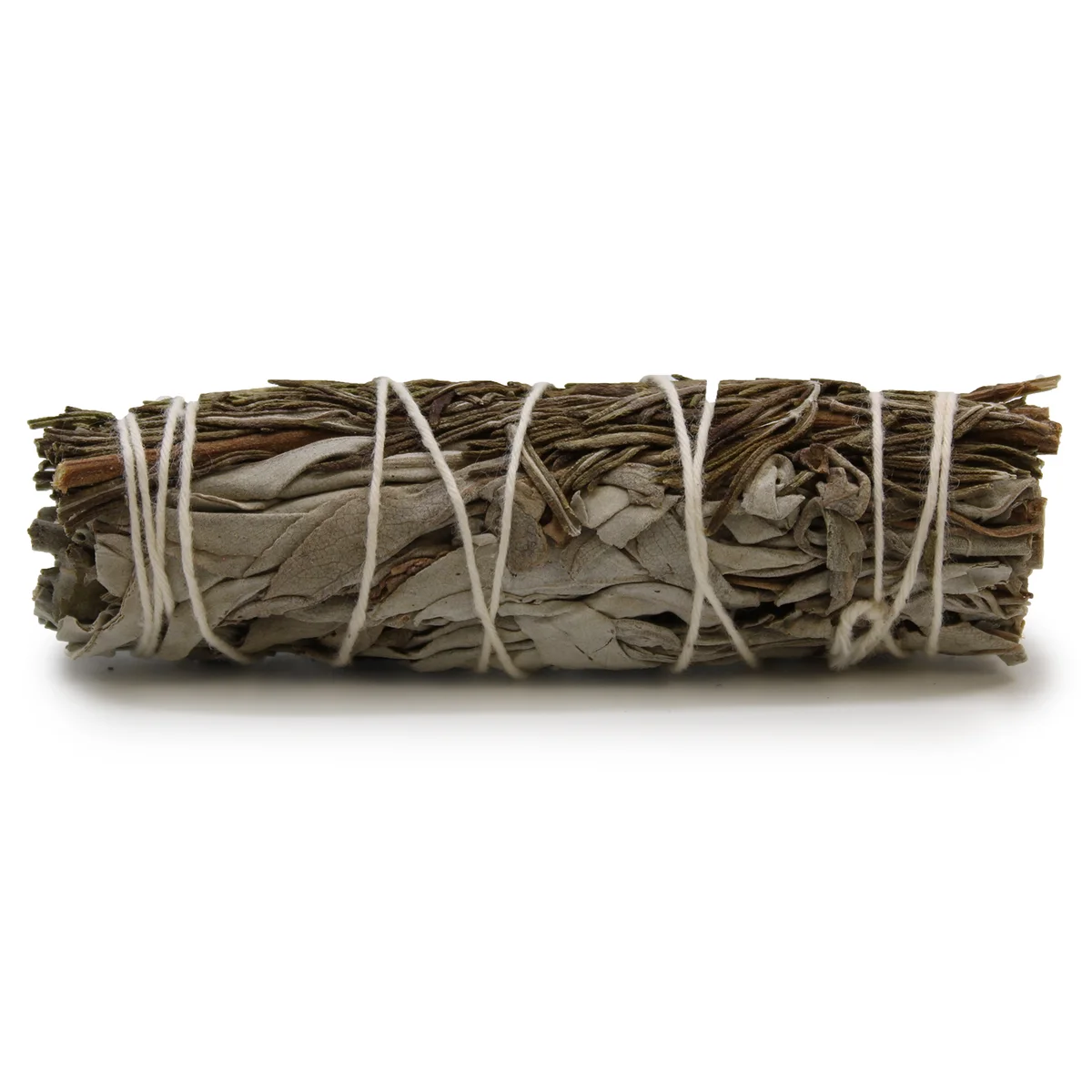 Smudge stick 10cm made of white sage and rosemary tied together with natural twine on a white background