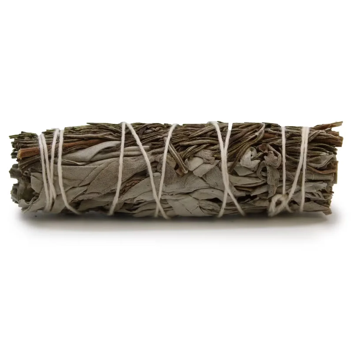 Close-up of a 10cm sage and rosemary bundle smudge stick with white sage and rosemary leaves tightly wrapped