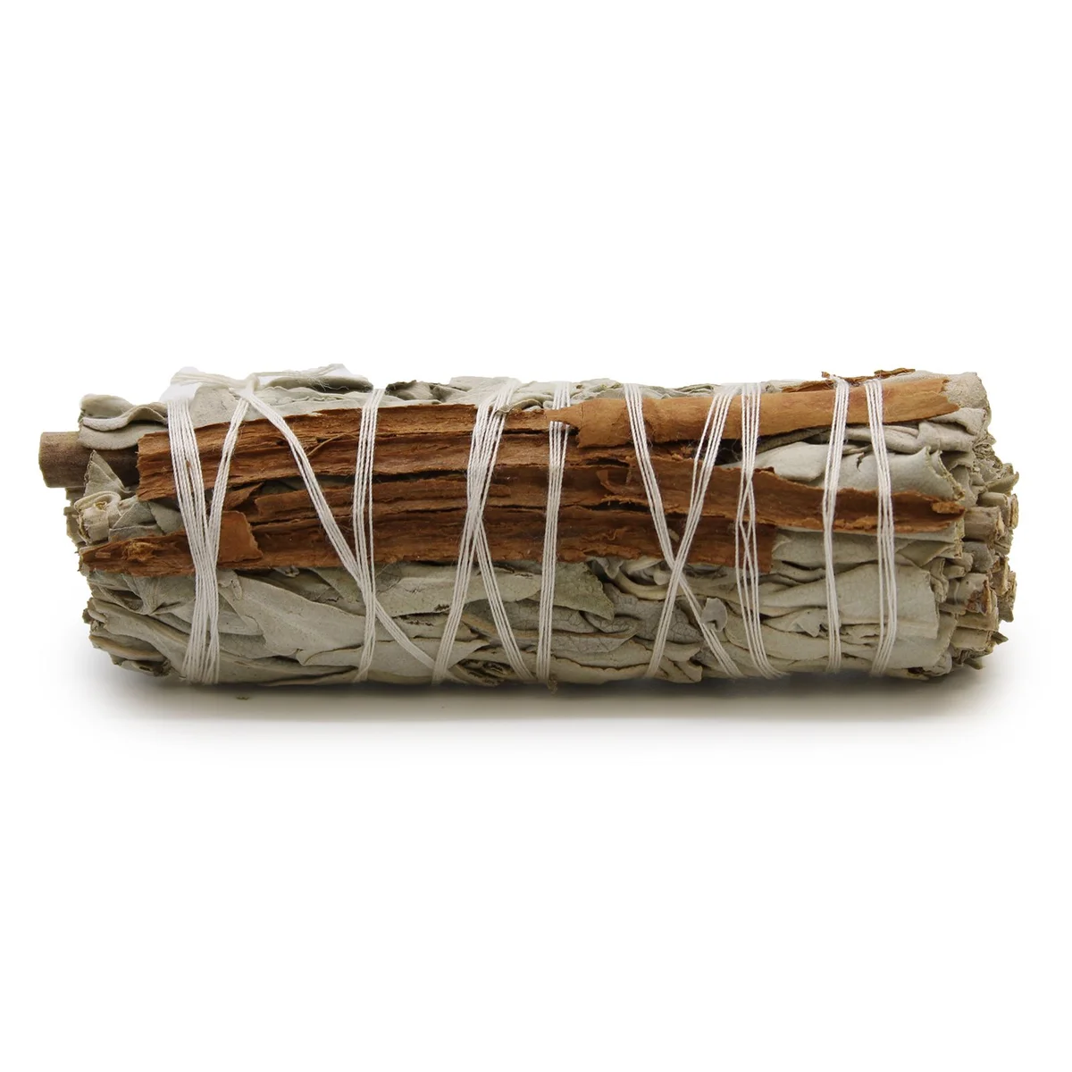 White sage smudge stick with cinnamon wrapped in twine, measuring 10cm, against a plain background
