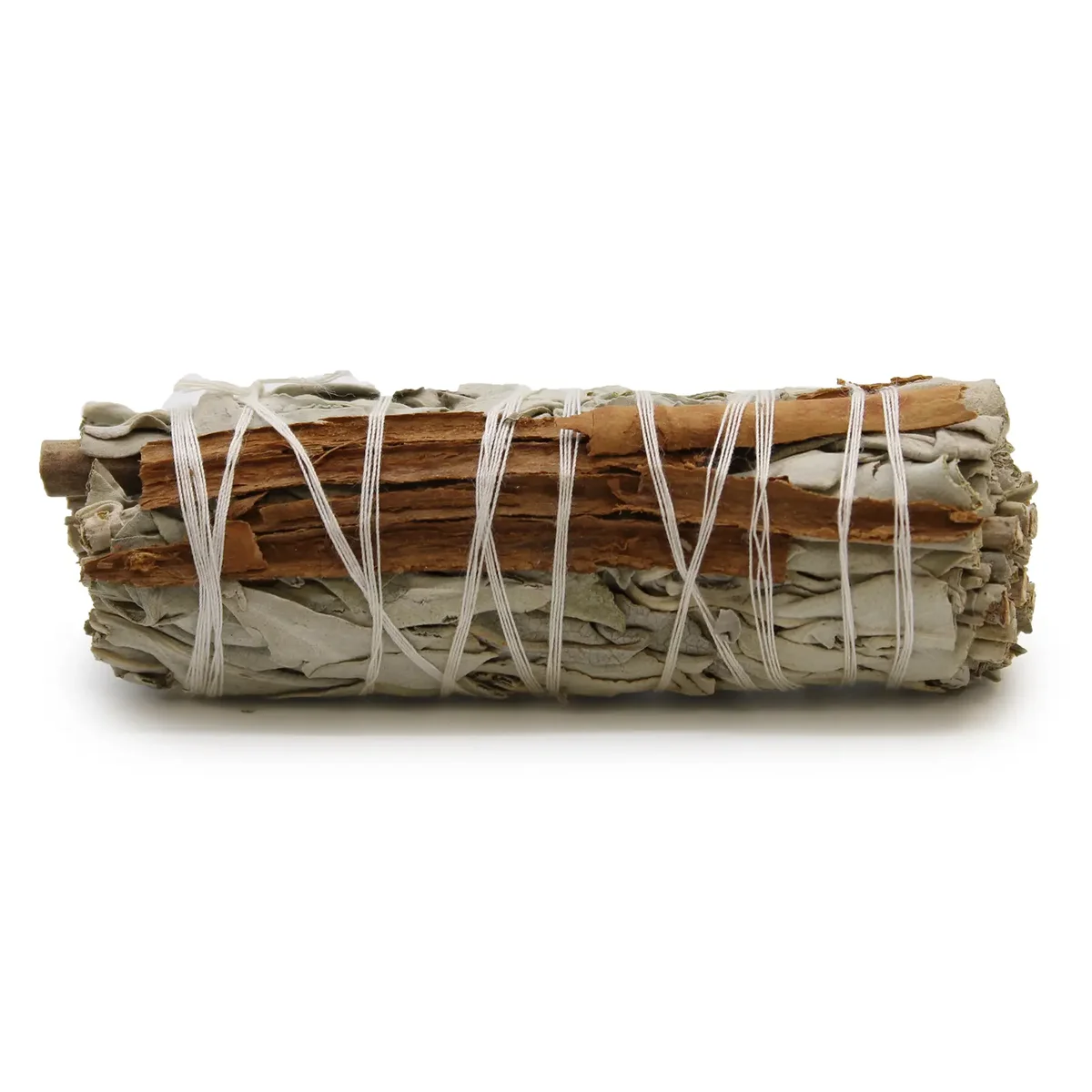 White sage incense stick smudge bundle with white sage leaves and cinnamon bark, 10cm length on white background