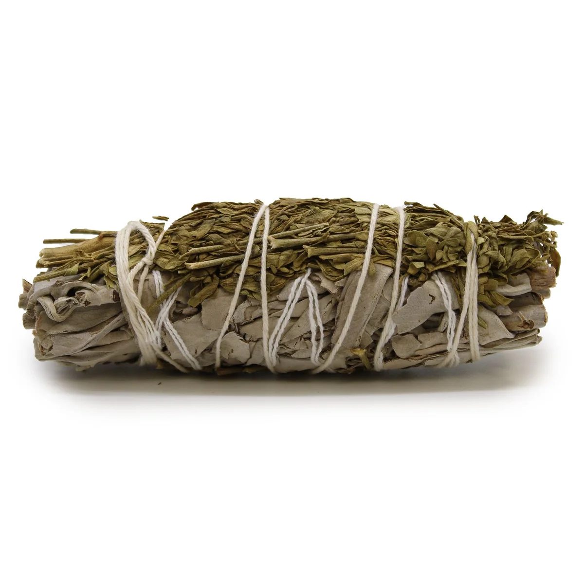 White sage smudge stick with bundled white sage and ruda leaves, measuring 10cm, used for cleansing rituals