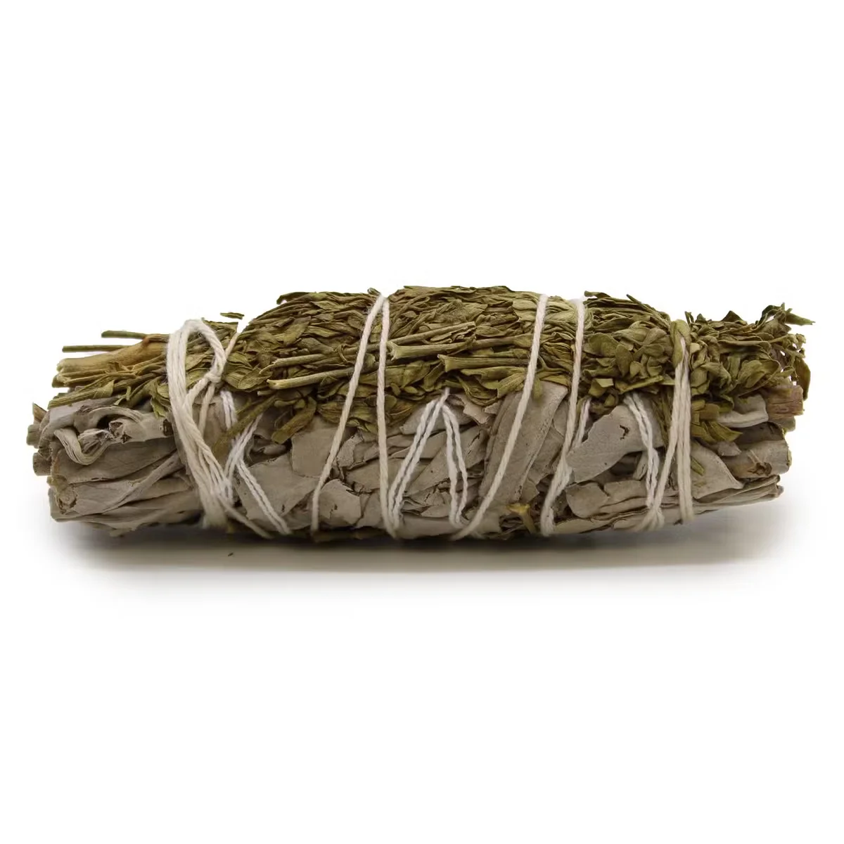 Smudge stick made of bundled white sage and ruda herbs measuring 10cm against a plain background