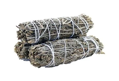 Smudge stick made of lavender sage incense, measuring 10cm, tied together with natural twine on white background