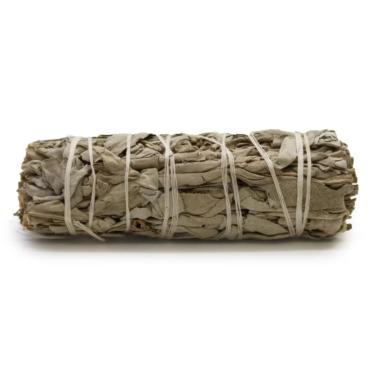 Smudge stick 10cm made of bundled white sage and sweetgrass, tied with natural twine on a white background