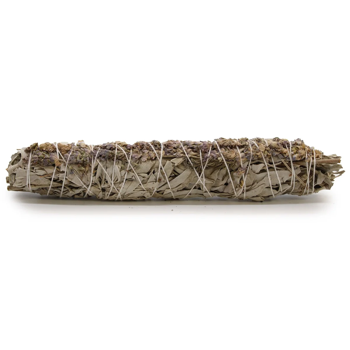White sage smudge stick with lavender, 22.5cm length, bundled and tied for cleansing rituals