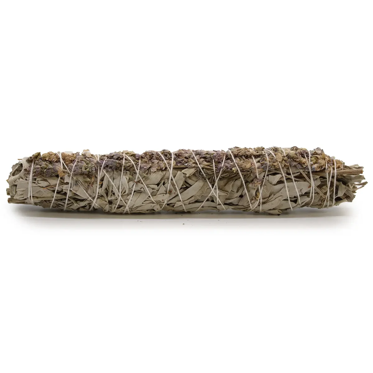 Lavender smudge stick with white sage wrapped together, measuring 22.5cm, on a plain background