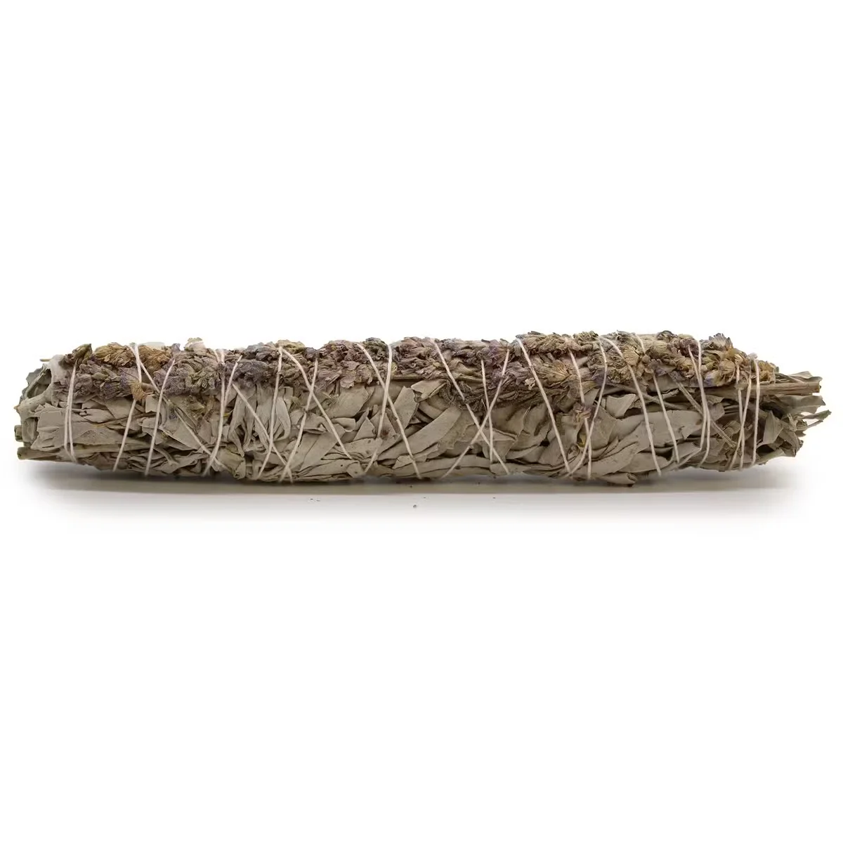 Natural smudge bundle of white sage and lavender measuring 22.5cm, tied together with visible stems and leaves