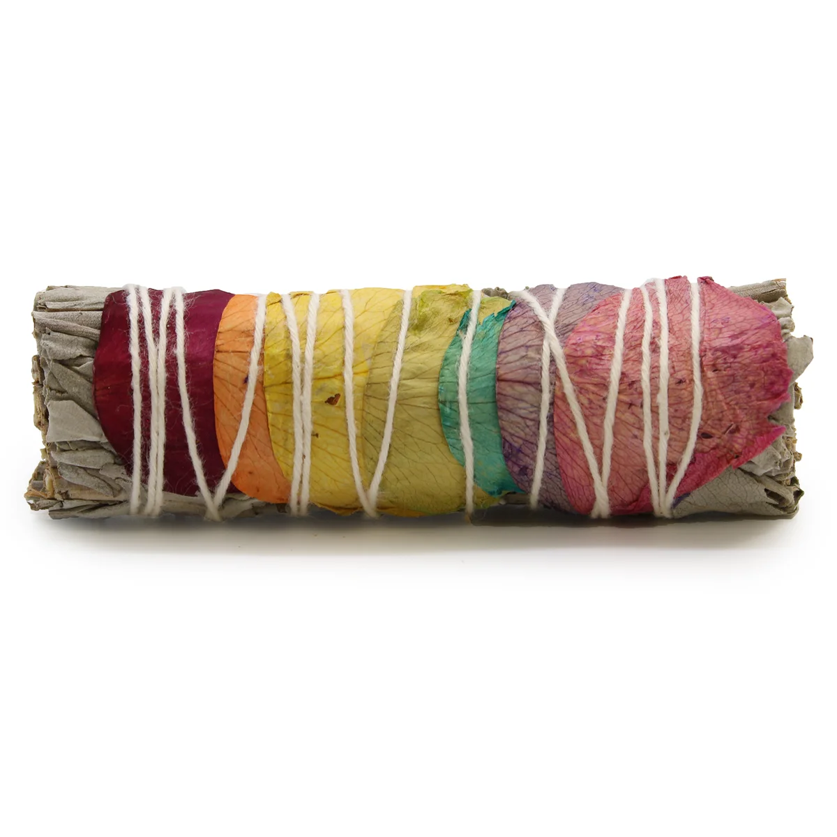 7 cm chakra smudge bundle featuring rose petals and sage wrapped together for cleansing rituals