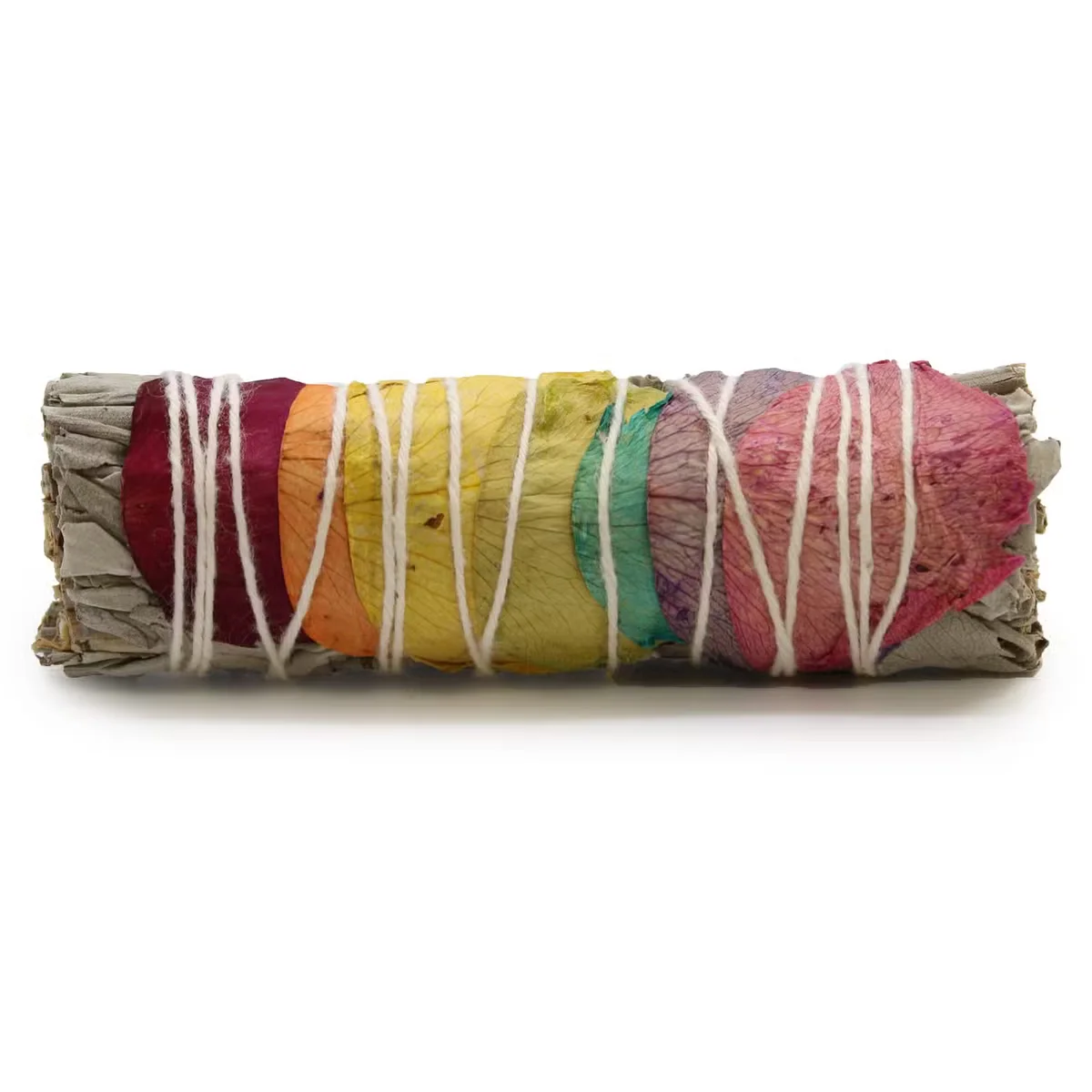 7 cm spiritual cleansing stick with 7 chakras, rose petals, and sage bundled together for energy clearing