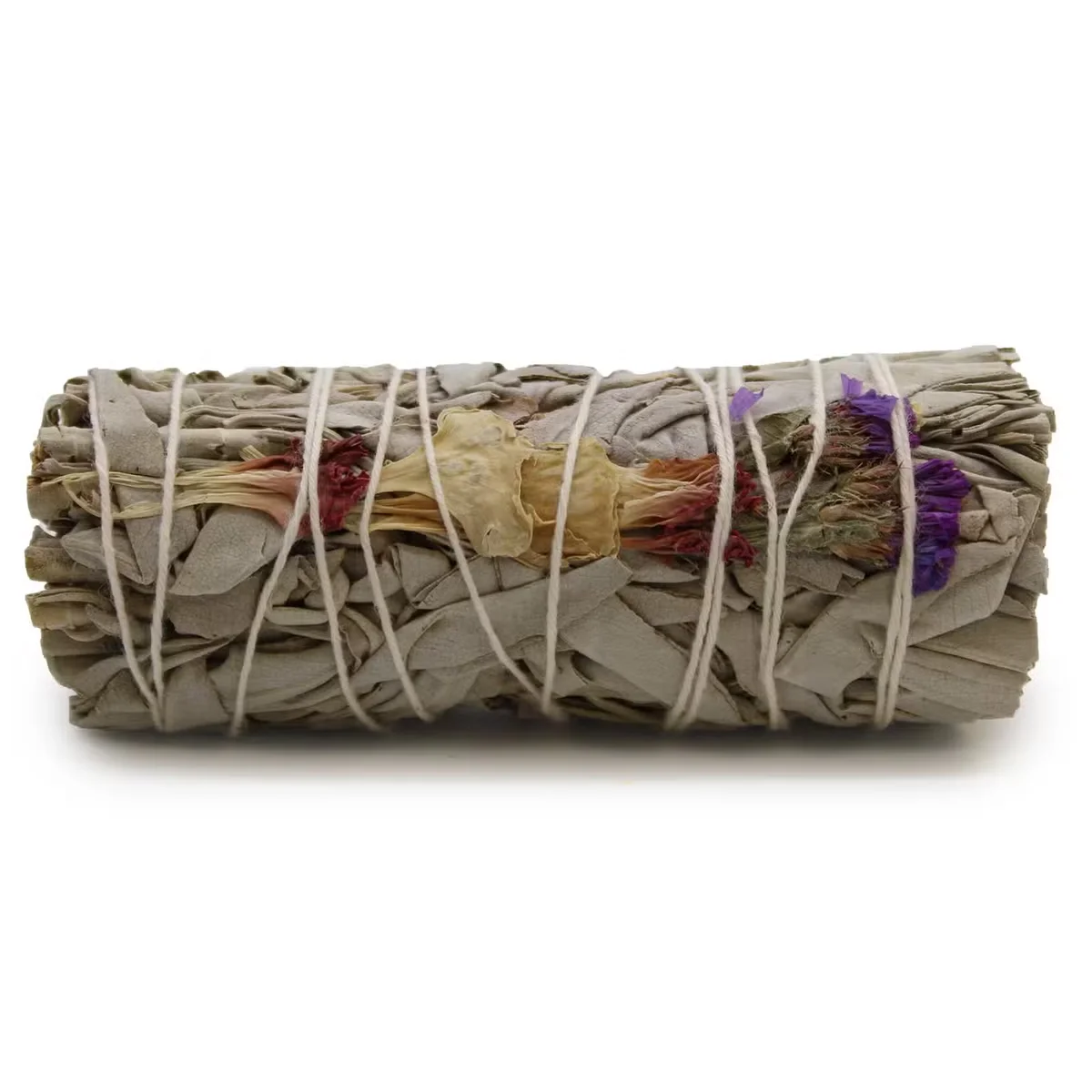 Good Vibes aromatherapy smudge stick made of sage, 10 cm length, tied with natural string against a white background
