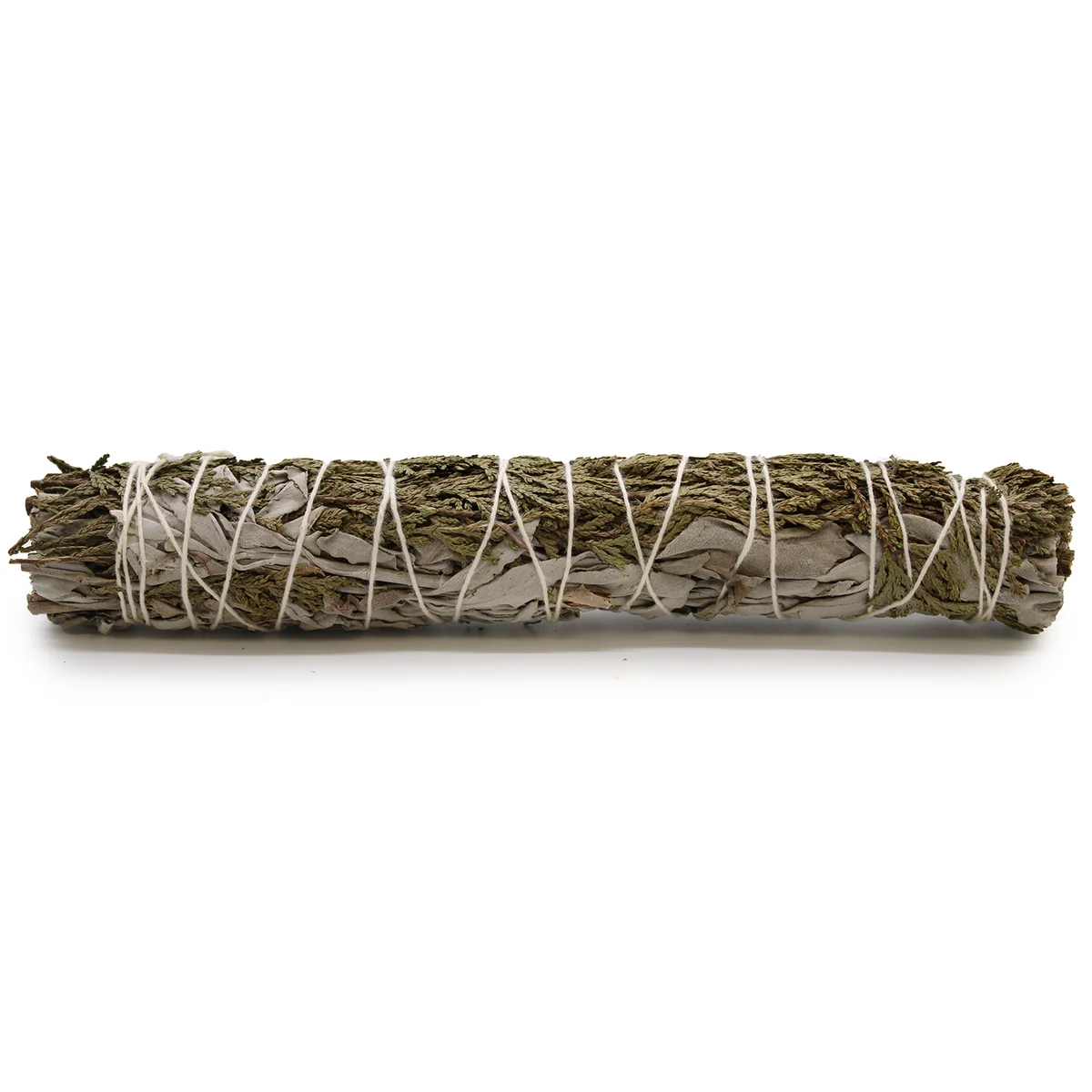 White sage and cedar smudge stick measuring 22 cm, bundled and tied for cleansing rituals