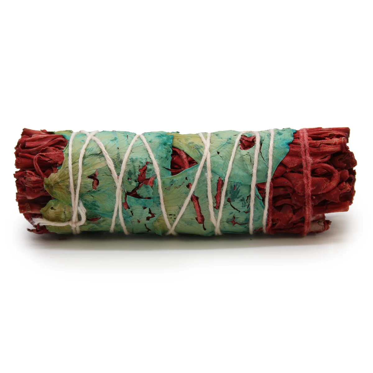 10cm smudge stick made of Dragons Blood Floral Sage, tightly bundled and ready for use in cleansing rituals