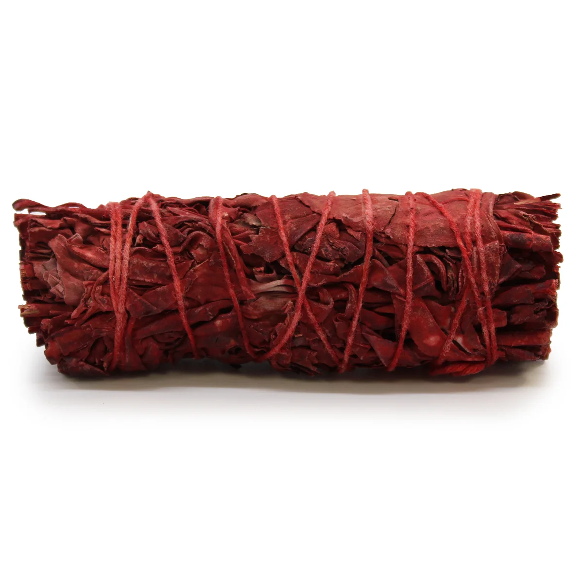 Close-up of a 10cm dragon blood incense smudge stick with deep red resin crystals bound by natural twine