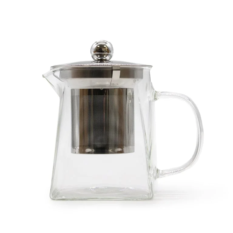 Glass infuser teapot in photo, tower shape, 350ml, empty.