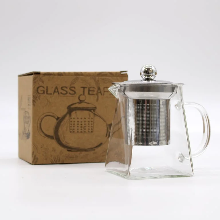 Transparent glass tower shape teapot with infuser, 350ml capacity.