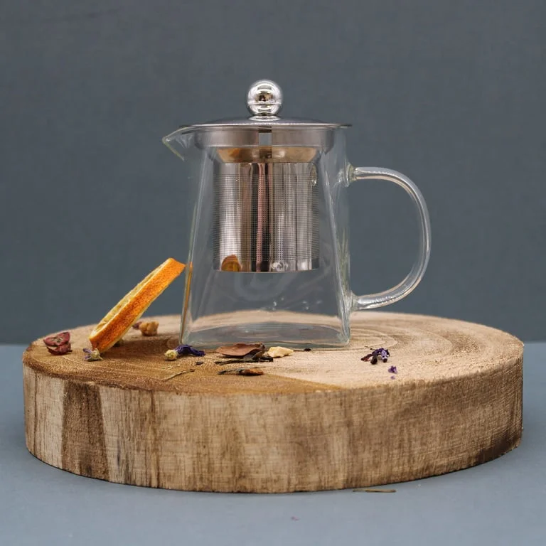 350ml glass teapot tower shape with included infuser, shown upright