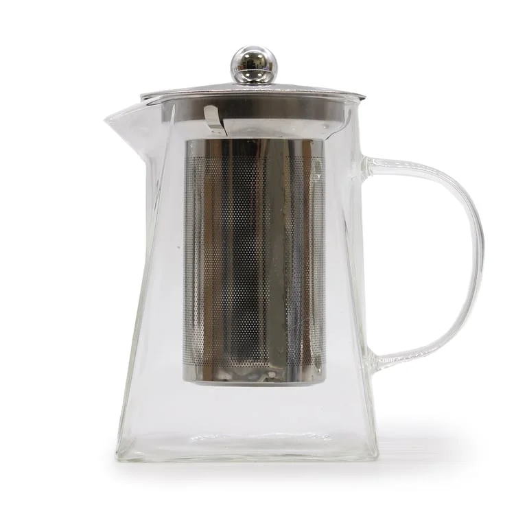Glass infuser teapot with tower shape, 750ml capacity.
