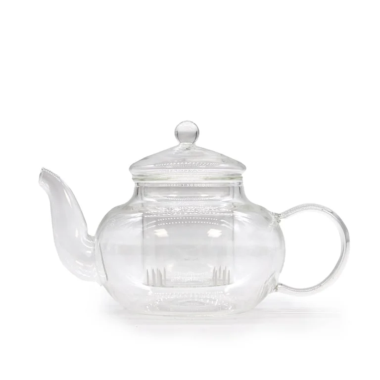 Round glass infuser teapot with pearl design, 400ml capacity.