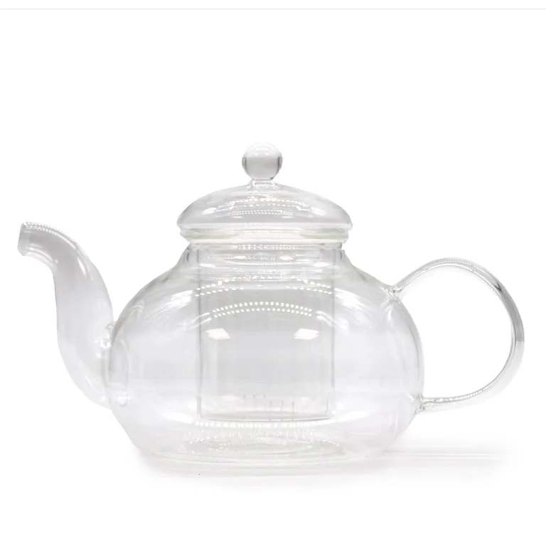 Round pearl glass infuser teapot with clear body, 800ml capacity.