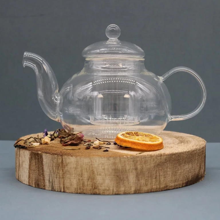 Round pearl glass infuser teapot with 800ml capacity and clear lid.